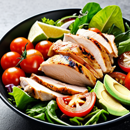 Home 4 ** A vibrant and colorful salad bowl overflowing with grilled chicken slices, mixed greens, avocado chunks, cherry tomatoes, and a light vinaigrette dressing. The scene should evoke a feeling of freshness and healthy eating in Malaysia, possibly including local ingredients.
**