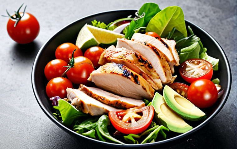 ** A vibrant and colorful salad bowl overflowing with grilled chicken slices, mixed greens, avocado chunks, cherry tomatoes, and a light vinaigrette dressing. The scene should evoke a feeling of freshness and healthy eating in Malaysia, possibly including local ingredients.
**
