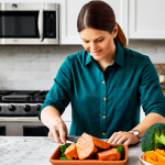 **

"A vibrant and nutritious meal featuring grilled salmon, steamed broccoli, and a colorful sweet potato. The setting is a bright, modern kitchen. Focus on the fresh, whole foods. The meal should look appetizing and healthy. Fully clothed person preparing food in background. Safe for work, appropriate content, family-friendly, professional food photography, perfect anatomy, natural proportions, fully clothed."

**