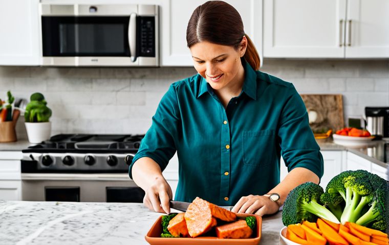 **

"A vibrant and nutritious meal featuring grilled salmon, steamed broccoli, and a colorful sweet potato. The setting is a bright, modern kitchen. Focus on the fresh, whole foods. The meal should look appetizing and healthy. Fully clothed person preparing food in background. Safe for work, appropriate content, family-friendly, professional food photography, perfect anatomy, natural proportions, fully clothed."

**